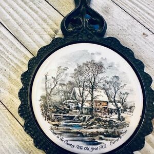 Vintage Currier & Ives Winter in the Country Grist Mill Cast Iron Ceramic Trivet